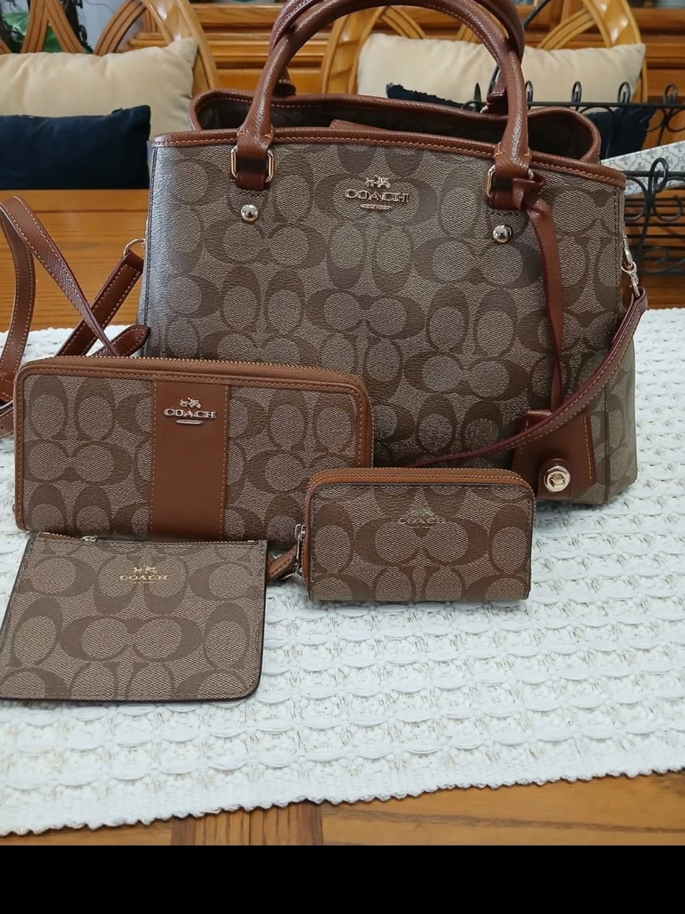 Coach Brown Signature Canvas Tote with Matching Wallets
